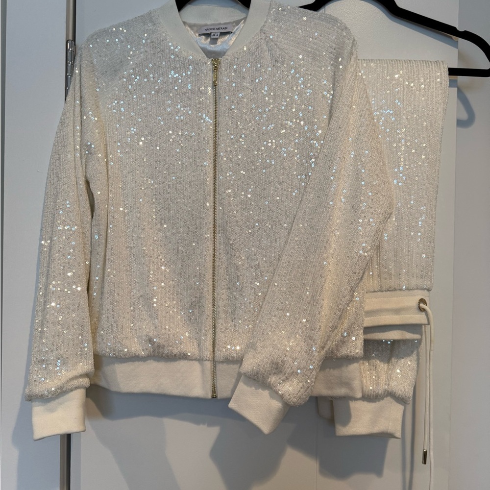NADINE MERABI Sparkling White Bomber Jacket & matching jogger pants set